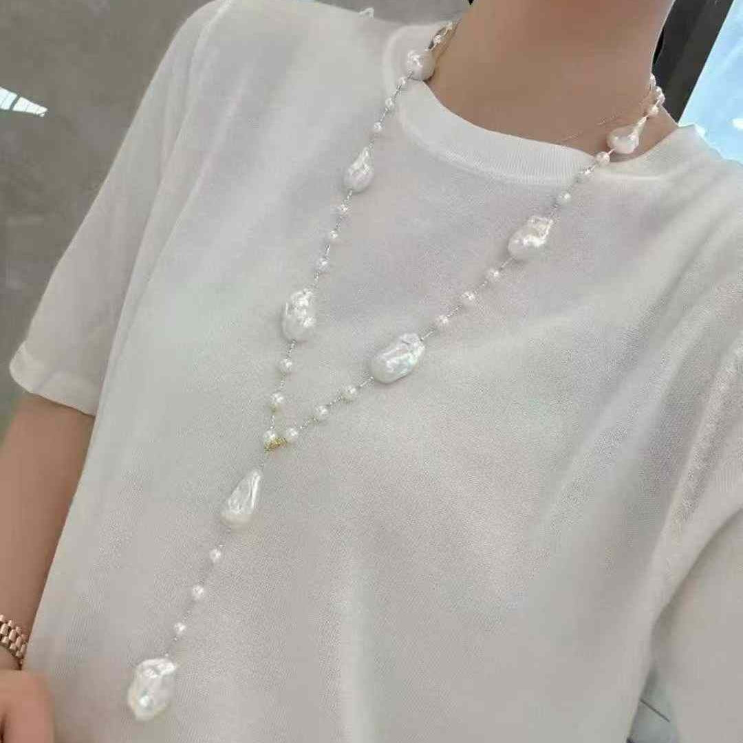 天然淡水巴洛克珍珠毛衣链项链