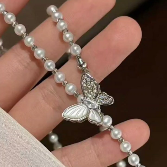 蝴蝶扣珍珠水滴形毛衣项链