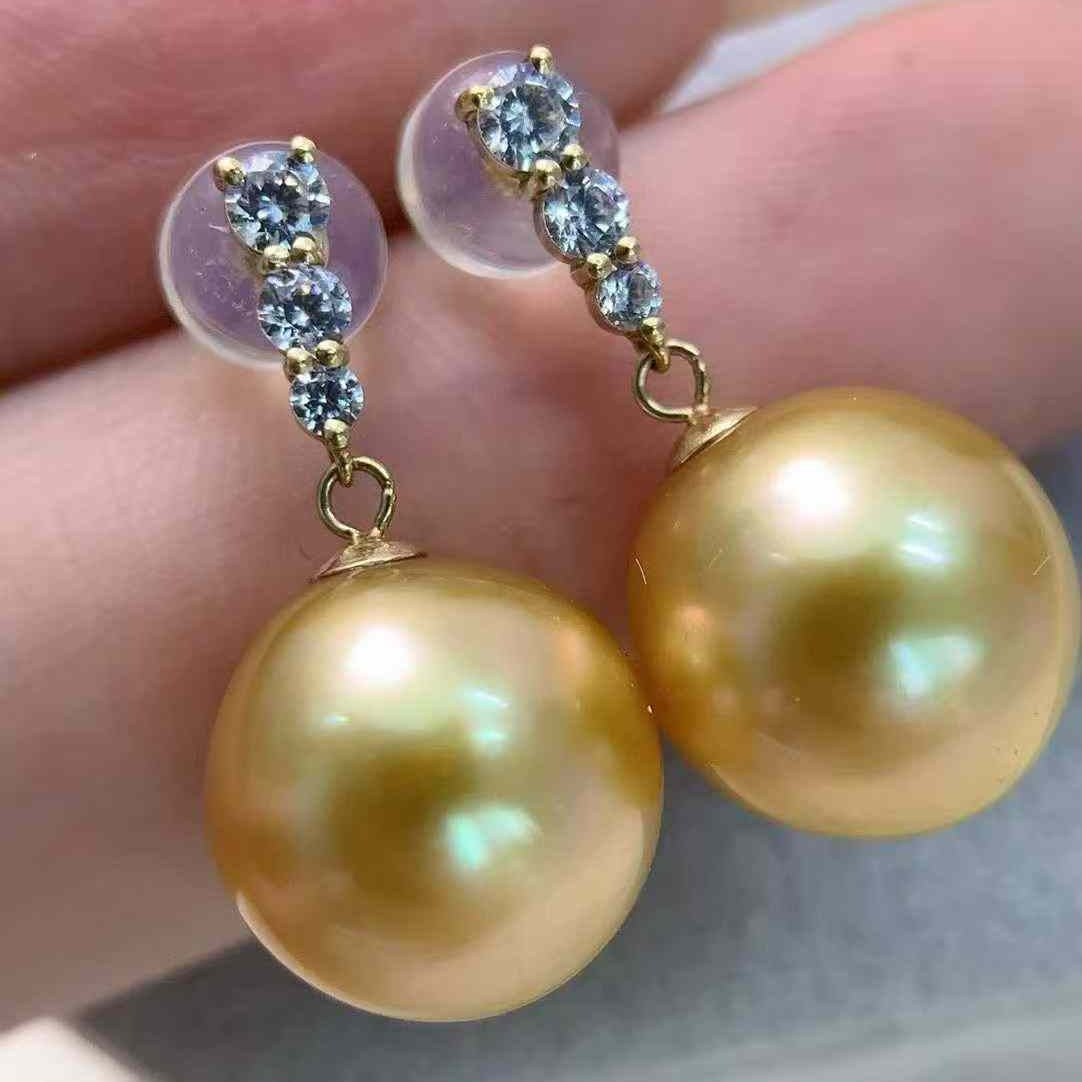 18K South Sea Gold Pearl Three-Diamond Stud Earrings