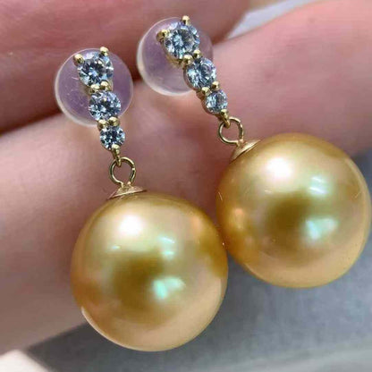 18K South Sea Gold Pearl Three-Diamond Stud Earrings