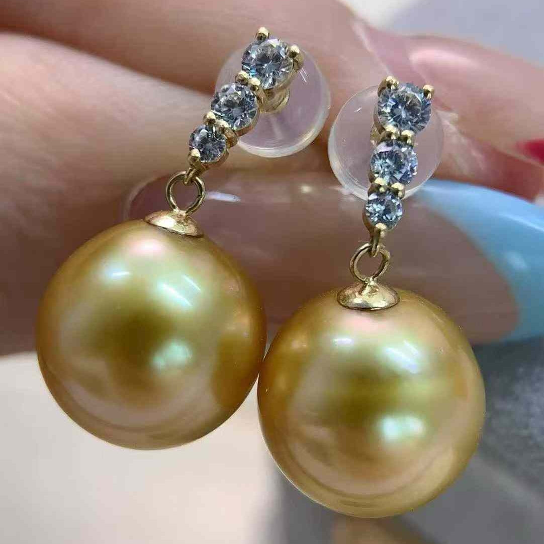 18K South Sea Gold Pearl Three-Diamond Stud Earrings