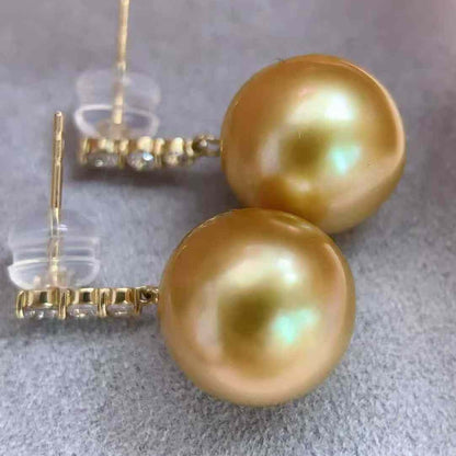 18K South Sea Gold Pearl Three-Diamond Stud Earrings