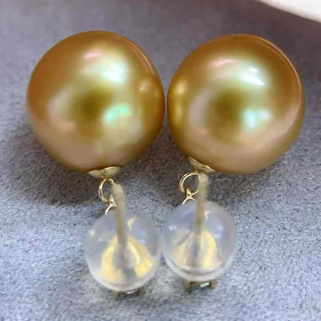 18K South Sea Gold Pearl Three-Diamond Stud Earrings