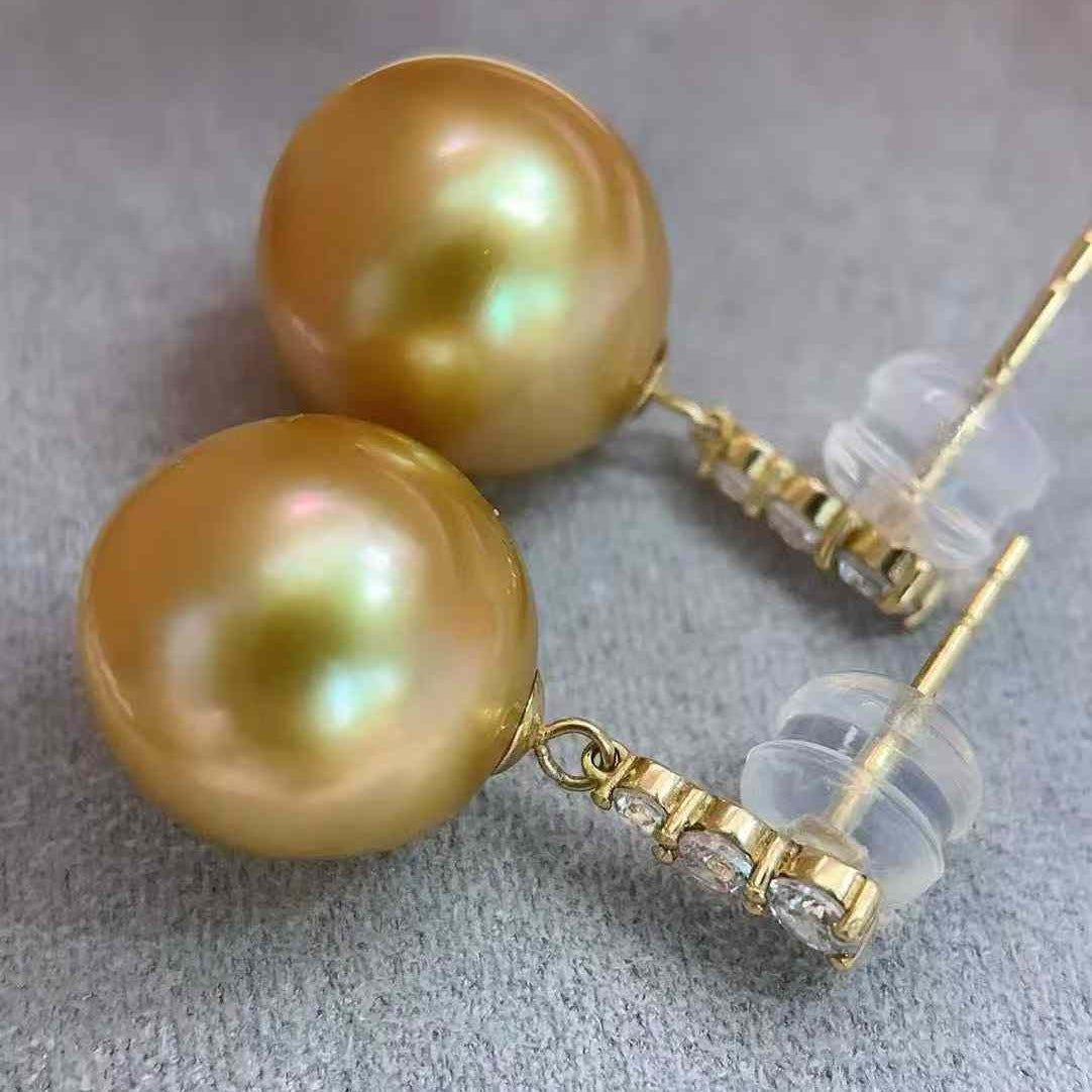 18K South Sea Gold Pearl Three-Diamond Stud Earrings