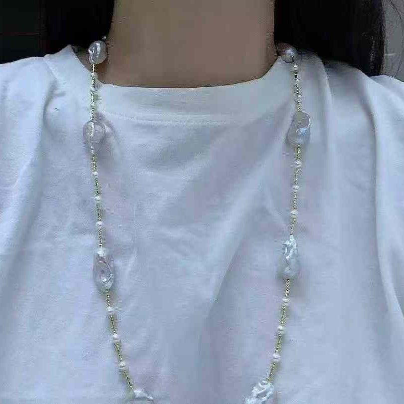 天然淡水巴洛克珍珠毛衣链项链