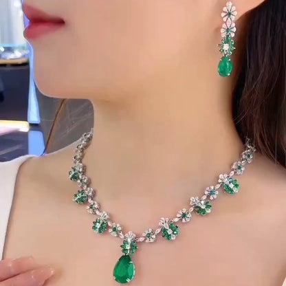 实验室培育哥伦比亚祖母绿项链耳环套装