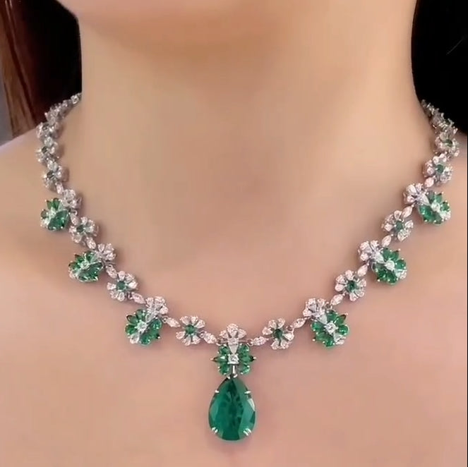 实验室培育哥伦比亚祖母绿项链耳环套装