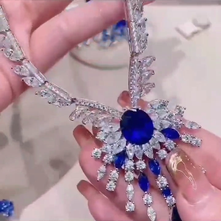 实验室培育皇家蓝宝石项链耳环套装