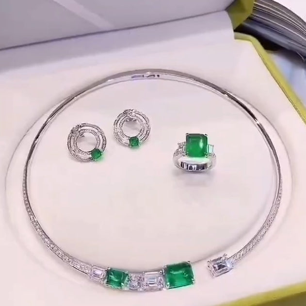 实验室培育哥伦比亚祖母绿项链耳环套装