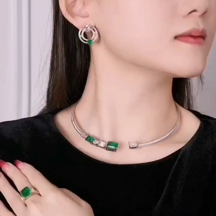 实验室培育哥伦比亚祖母绿项链耳环套装