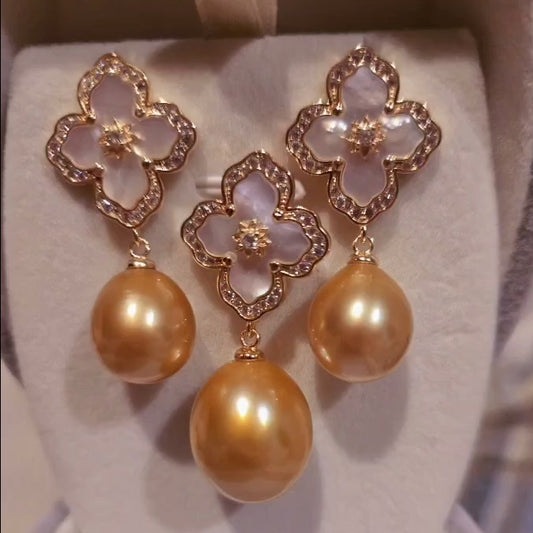 Natural South Sea Golden Pearl Pendant and Earrings Set