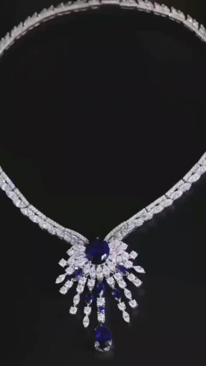 实验室培育皇家蓝宝石项链耳环套装