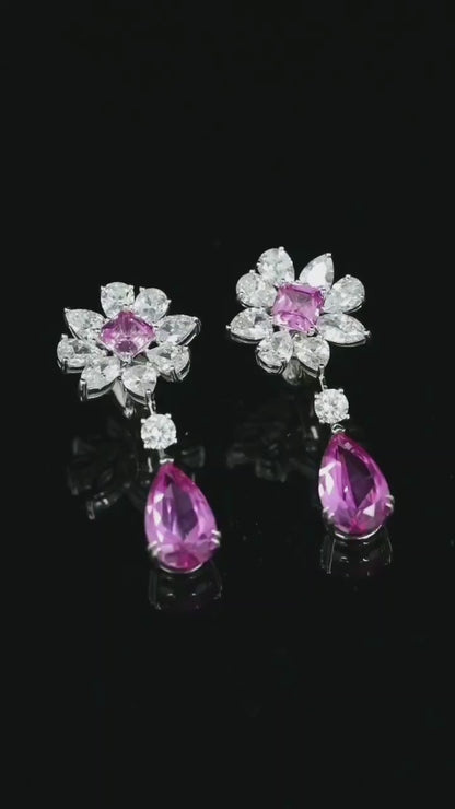 粉色蓝宝石花朵耳环