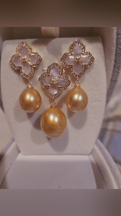 Natural South Sea Golden Pearl Pendant and Earrings Set