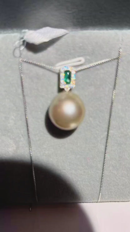 Natural South Sea Australian Grey Pearl Pendant with Emerald