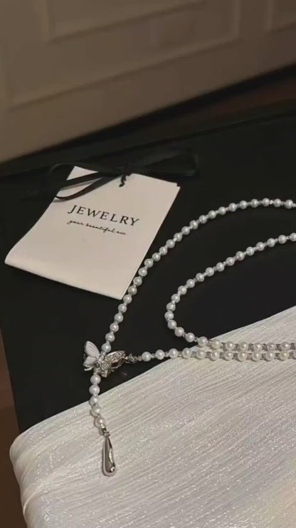 蝴蝶扣珍珠水滴形毛衣项链