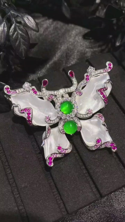 蝴蝶造型珍珠母贝绿玉髓胸针/吊坠