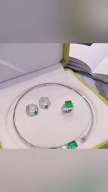 实验室培育哥伦比亚祖母绿项链耳环套装